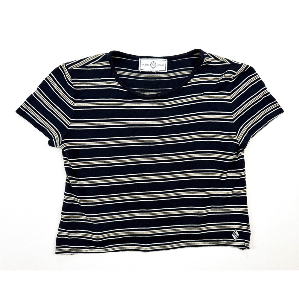 St John Sport by Marie Gray Womens L Navy Gold Striped Wool Blend Knit Top #1911 - Picture 2 of 9